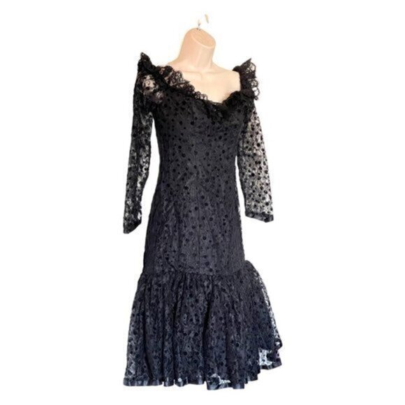 Gothic 1980s Vintage Black Polka Dot Lace Mermaid Prom Dress Gown Ruffles OOAK - Picture 1 of 12